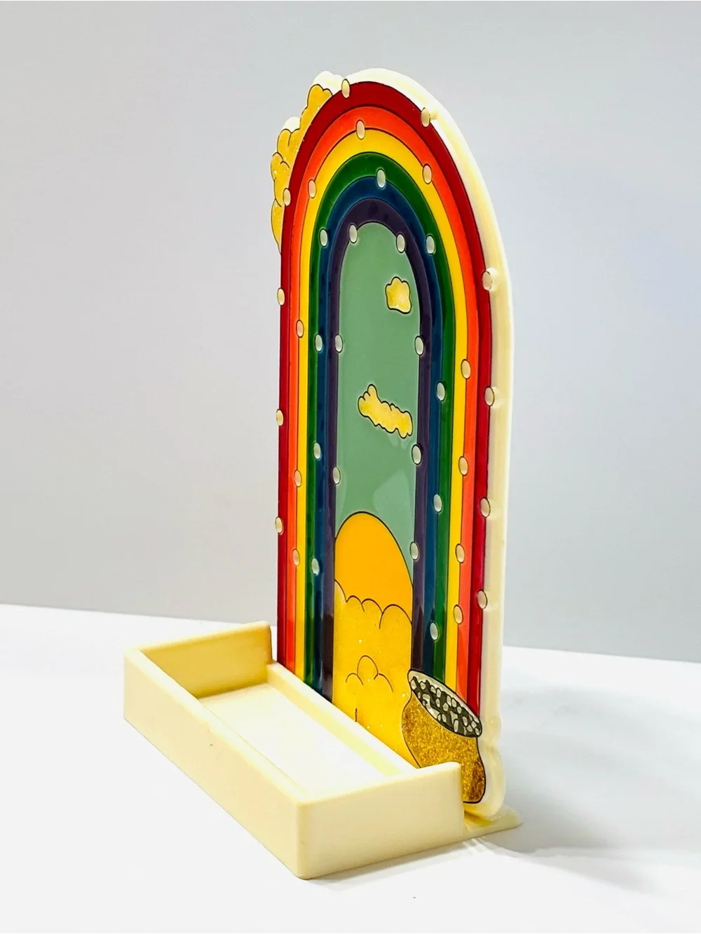 Vintage 1980s Rainbow Pot of Gold Acrylic Earring Tree Holder Organizer